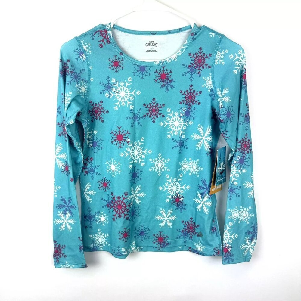 Hot Chillys Girls Atoll Snow Flakes Print Crew Top Blue Large